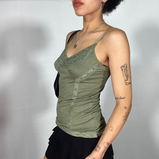 Vintage 2000's Coquette Khaki Cami Top with Lace Trim (S)