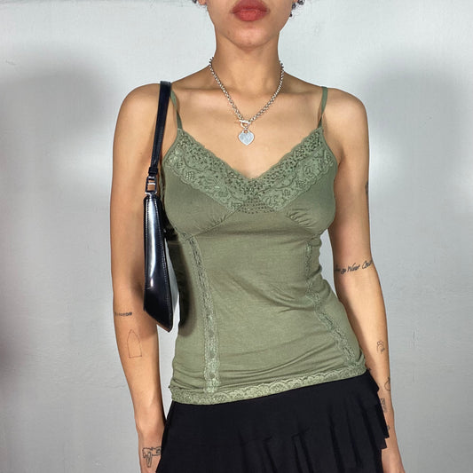 Vintage 2000's Coquette Khaki Cami Top with Lace Trim (S)