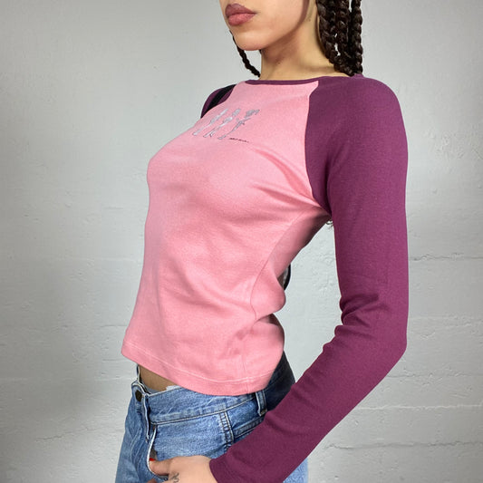 Vintage 2000's Funky Girl Pink Top with Fuchsia Lonngsleeve and Cartoon Girls Silhouette Print (S)