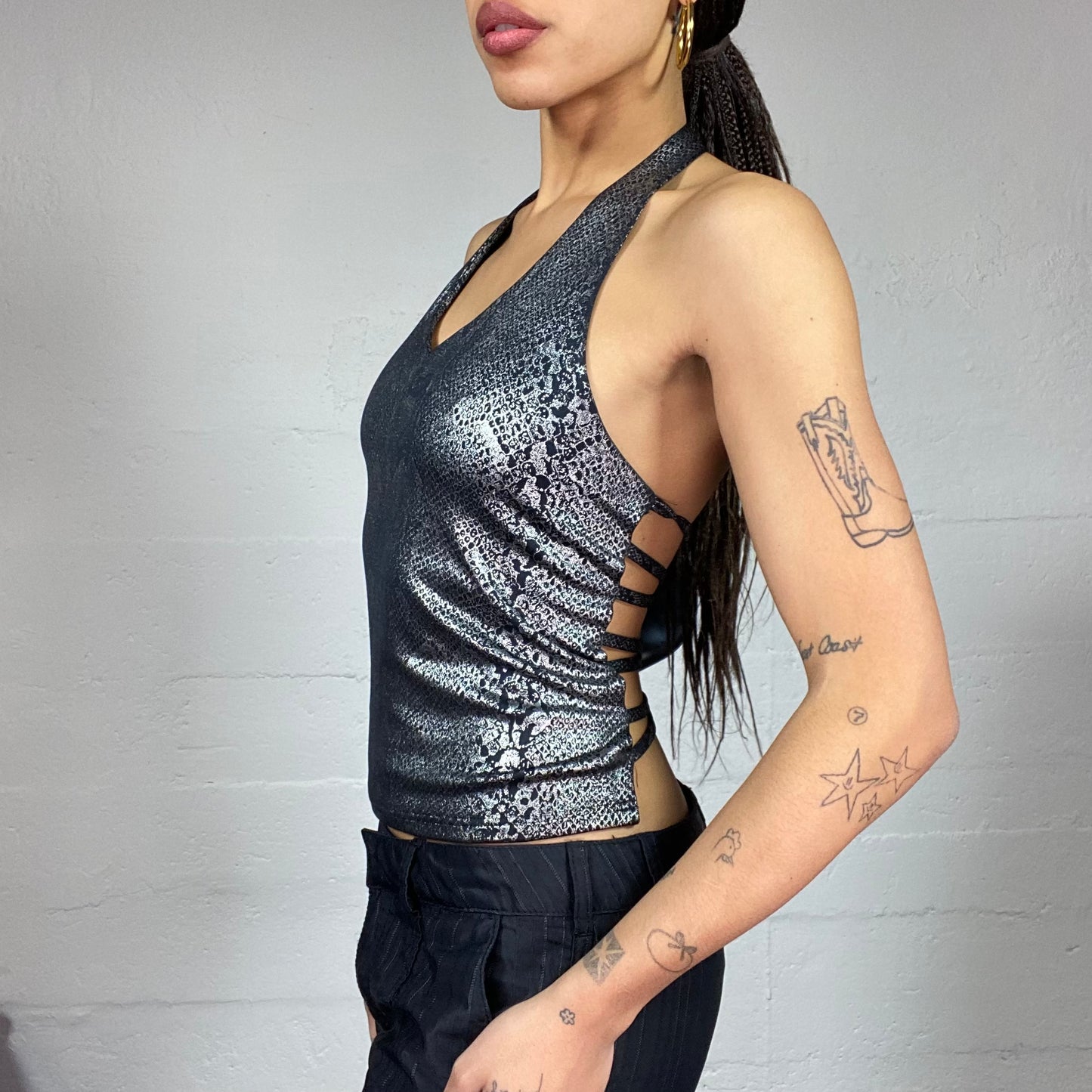 Vintage 2000's Clubwear Black Open Back Top with Serpent Holographic Print (S)