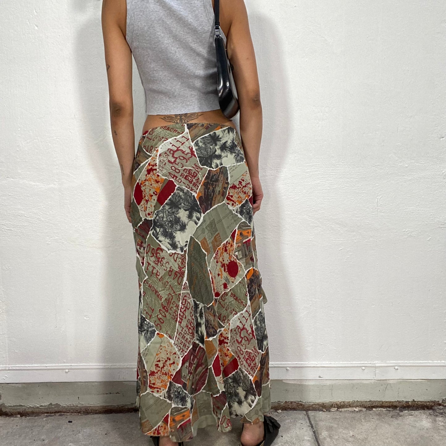 Vintage 90's Sleaze Khaki Maxi Skirt with Deconstructed Look and Ripped Papers Patchwork Pattern (S/M)