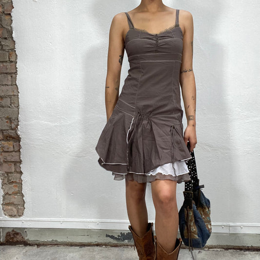 Vintage 2000's Grunge Brown Mini Dress with Contras Stitching and Mesh Under Layers (S)