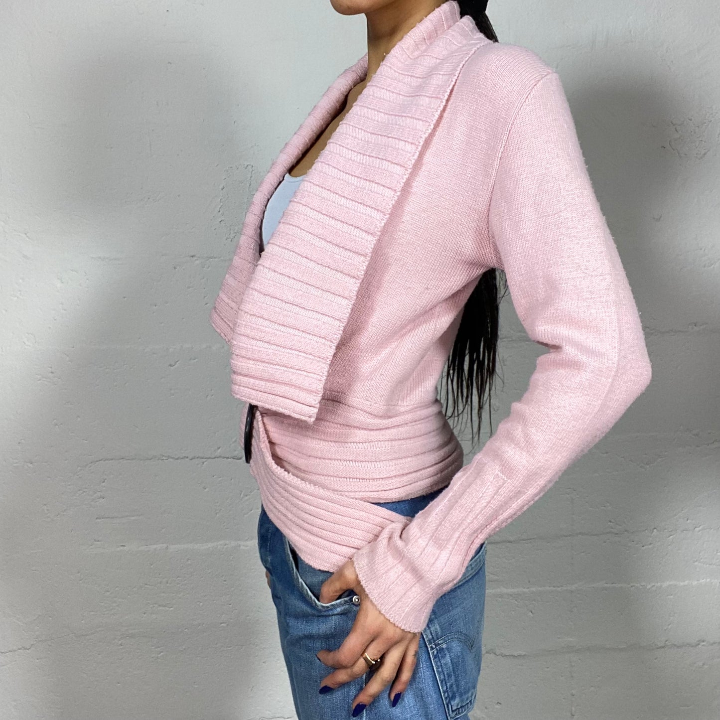 Vintage 2000's Ballet Baby Pink Knit Cardigan with Belted Round Buckle Detail (M)