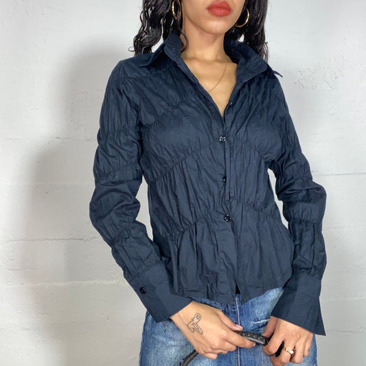 Vintage 2000's Office Black Ruffle Button Up Blouse with Textured Material (M/L)