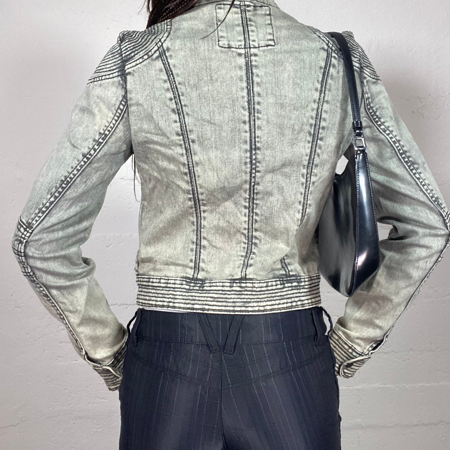 Vintage 2000's Archive Washed Grey Denim Short Biker Jacket (S)