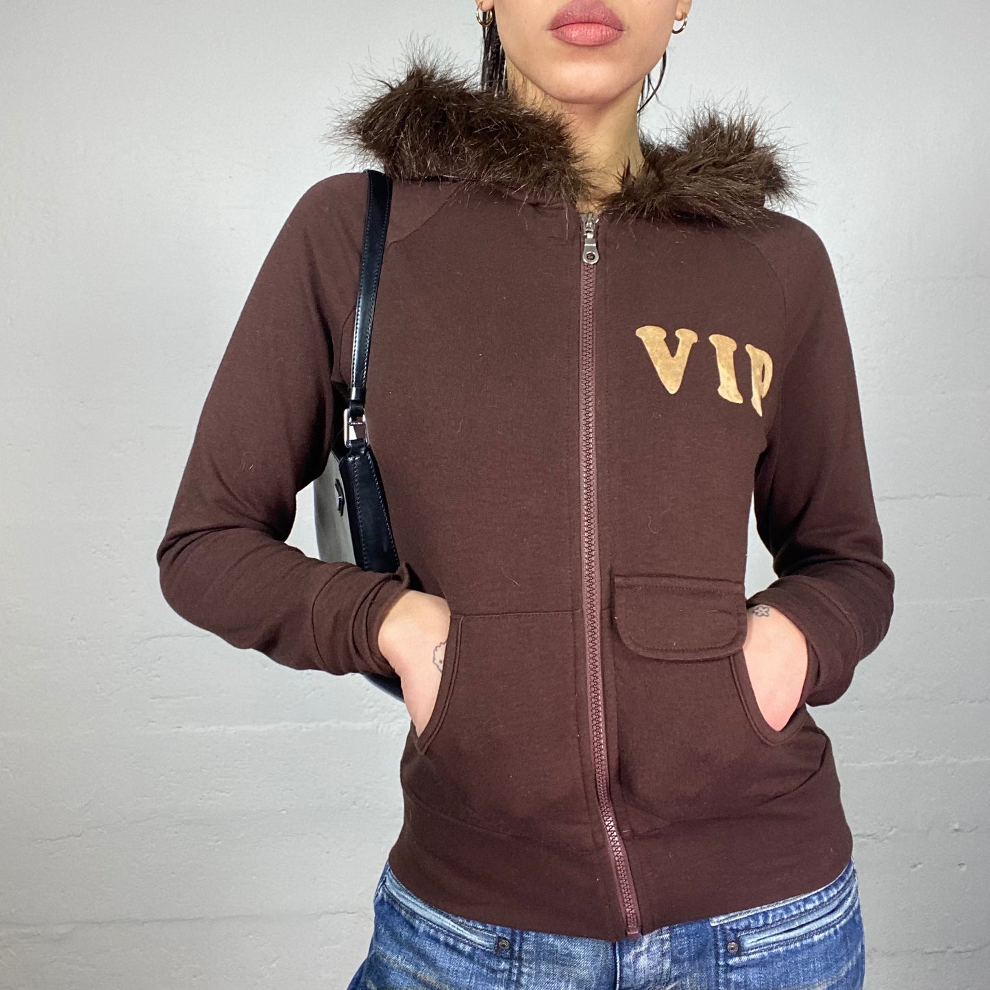 Vintage 2000's College Girl Brown Pullover with Faux Fur Hood Detail (S/M)