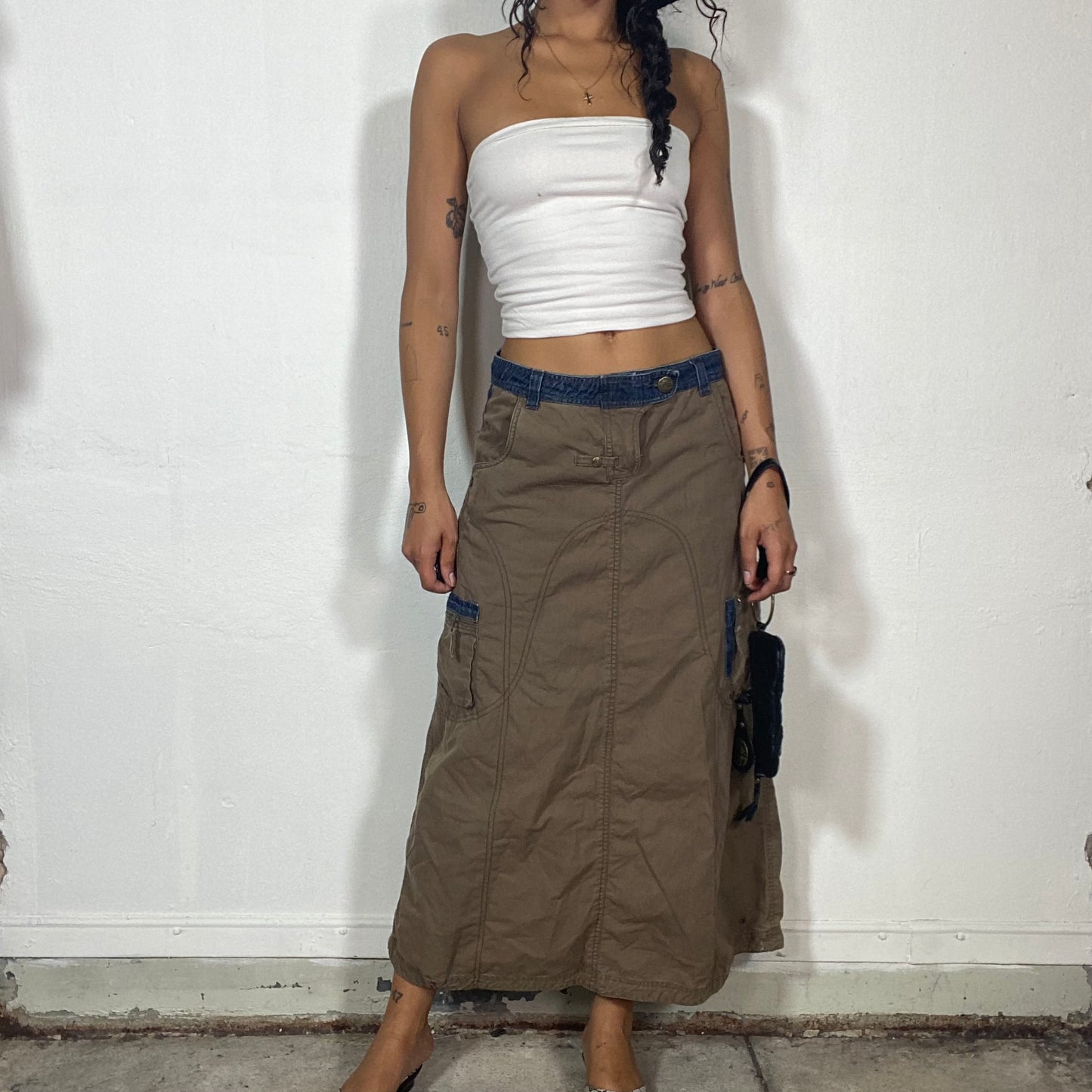 Vintage 2000's Techwear Khaki and Denim Maxi Cargo Skirt with Pockets and Yellow Salamander Detail (S/M)