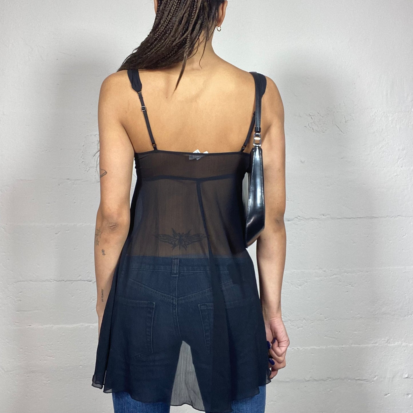 Vintage 2000's Clubwear Black Mesh Top with Big Slit Frontal Detail (S)