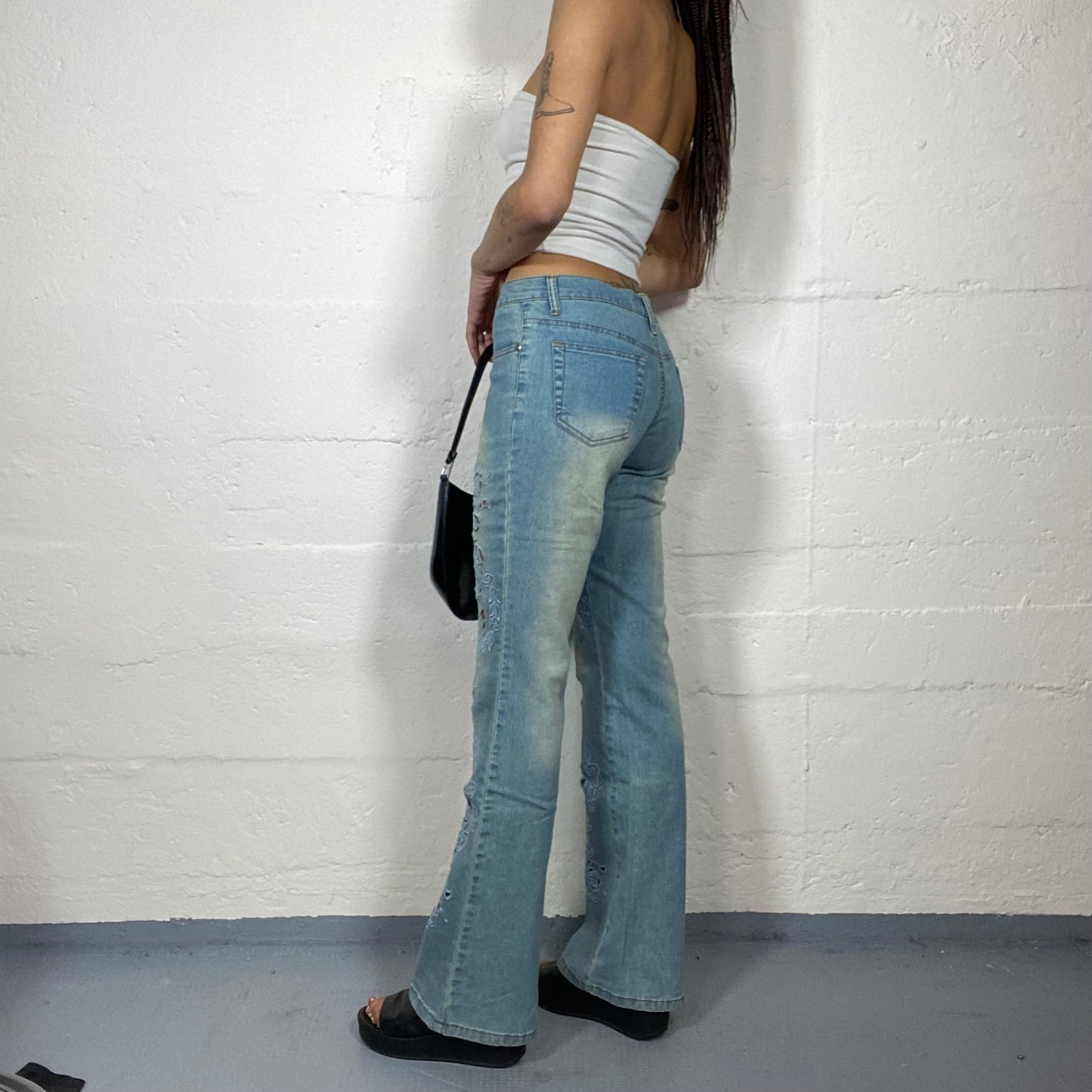 Vintage 2000's Downtown Girl Light Denim Pants with Ethnic Leg Cut Out Detail (S)