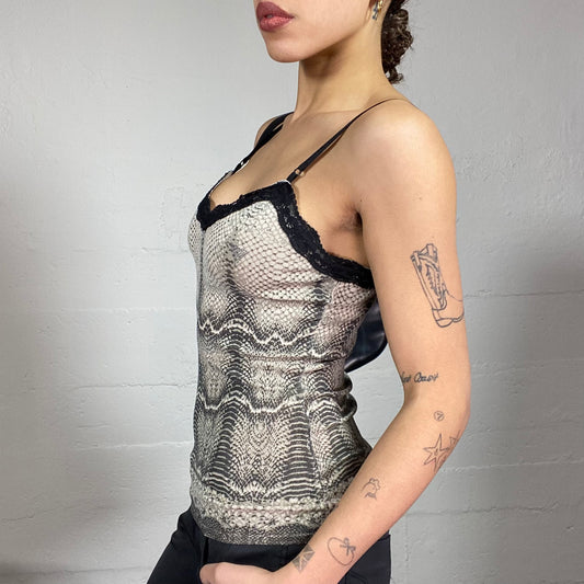 Vintage 2000's Mob Wife Brown Serpent Print Cami Top with Black Lace Trim Detail (S)