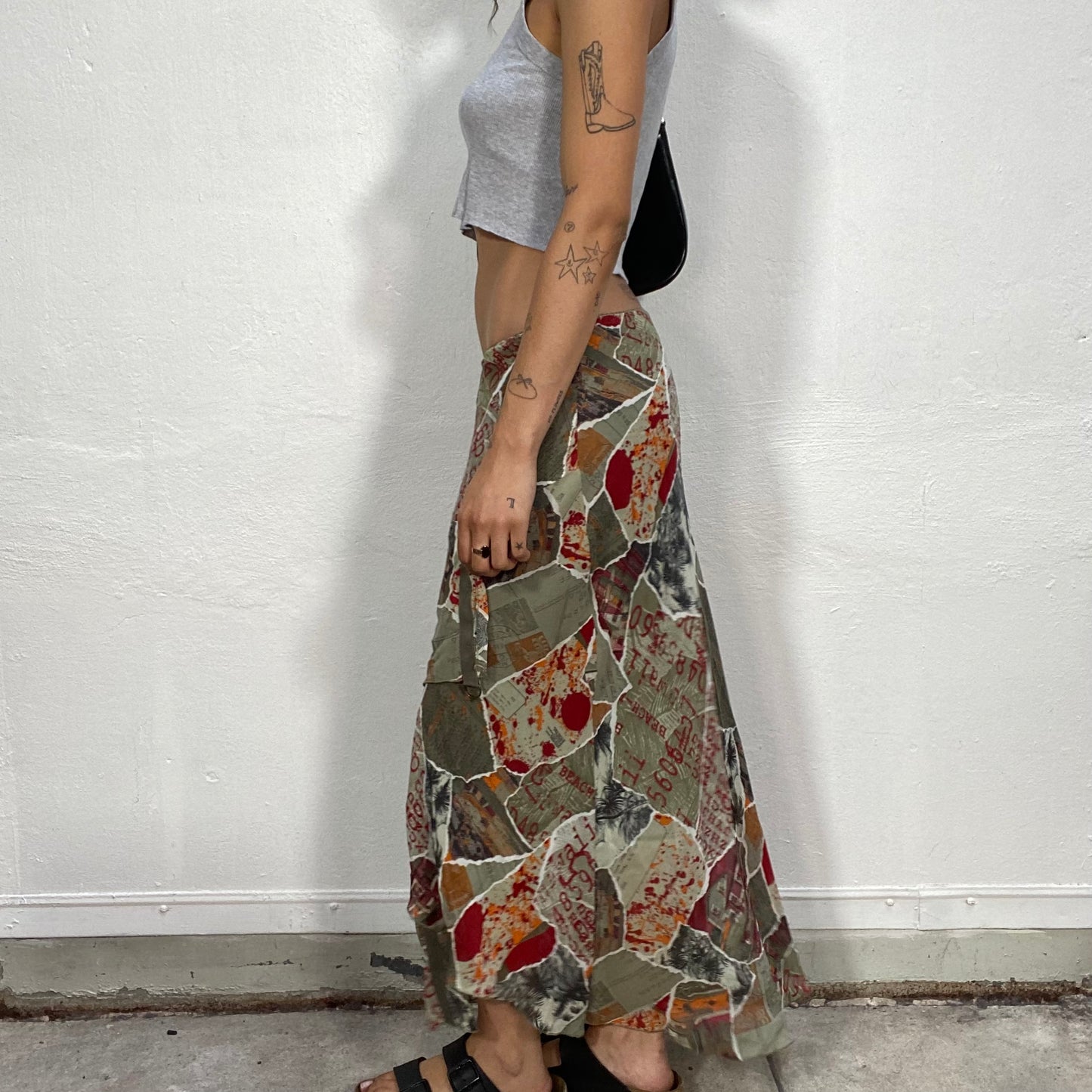 Vintage 90's Sleaze Khaki Maxi Skirt with Deconstructed Look and Ripped Papers Patchwork Pattern (S/M)