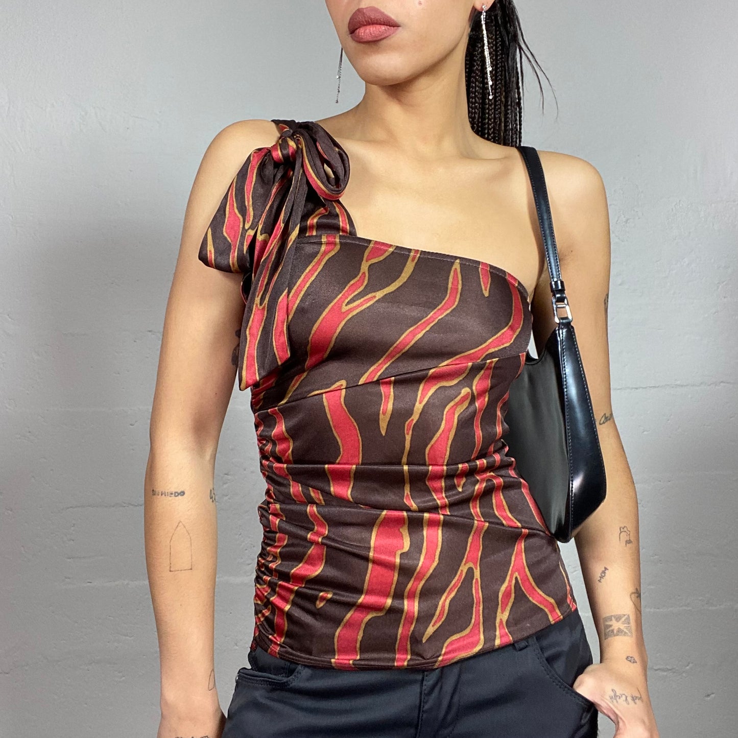 Vintage 2000's Clubwear One Shoulder Bow Tie Top with Flames Print (S)