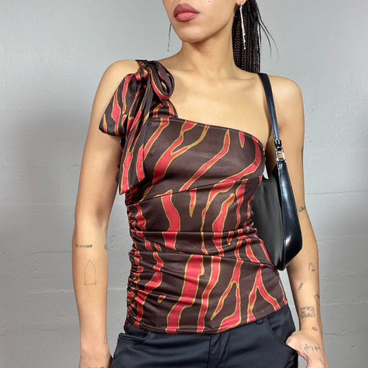 Vintage 2000's Clubwear One Shoulder Bow Tie Top with Flames Print (S)