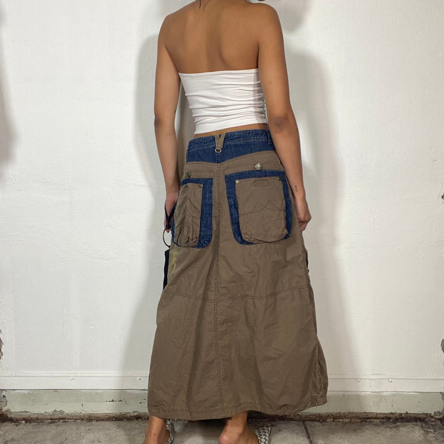 Vintage 2000's Techwear Khaki and Denim Maxi Cargo Skirt with Pockets and Yellow Salamander Detail (S/M)