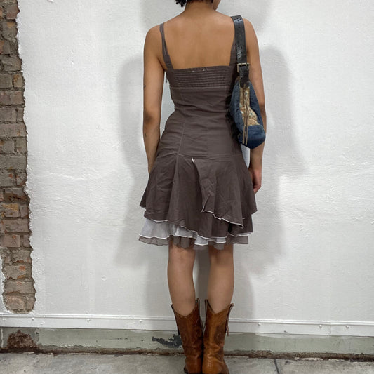 Vintage 2000's Grunge Brown Mini Dress with Contras Stitching and Mesh Under Layers (S)