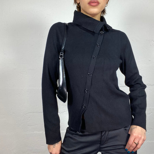 Vintage 2000's English It Girl Black Mesh Longsleeve Shirt with Asymmetric Button Up Detail (M)