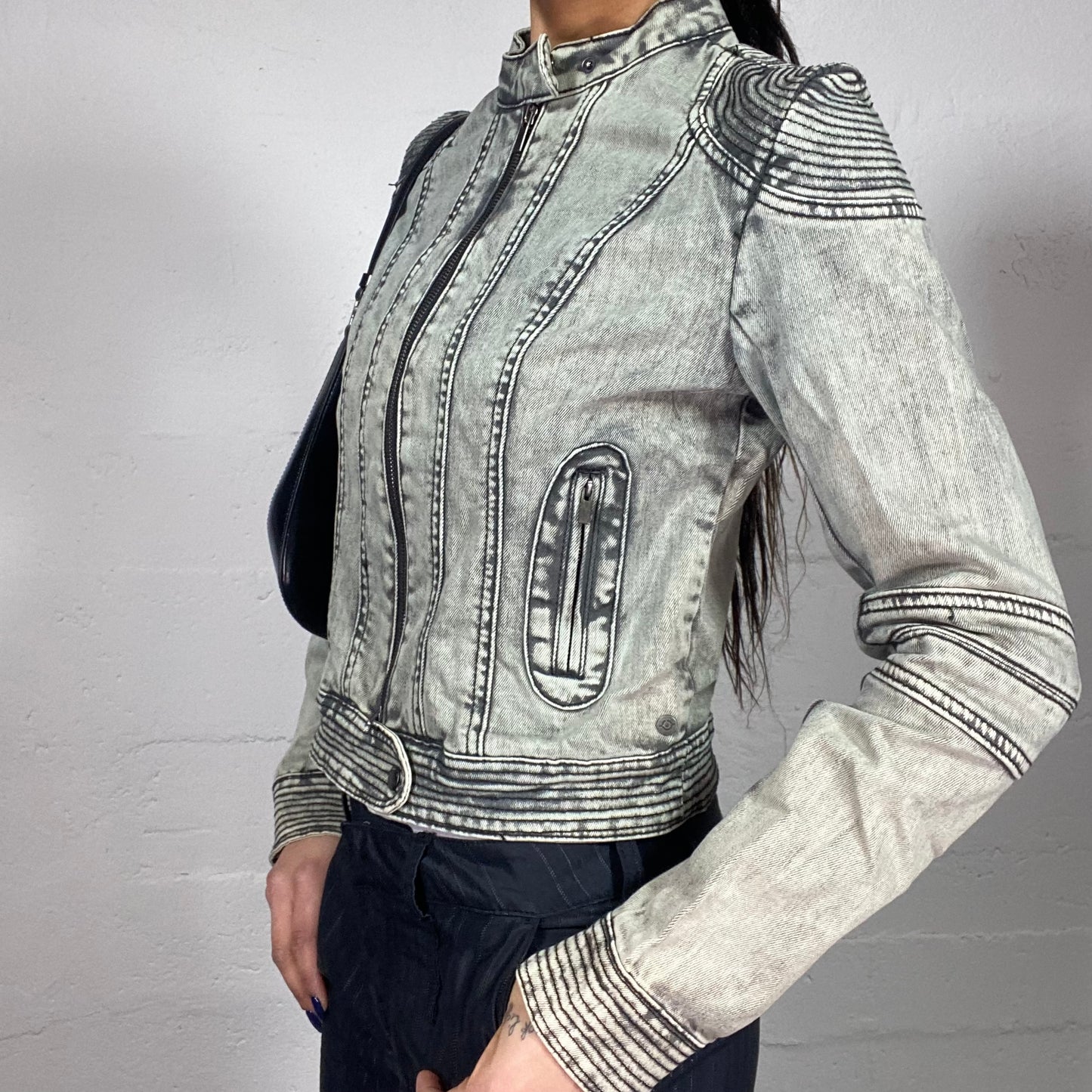 Vintage 2000's Archive Washed Grey Denim Short Biker Jacket (S)