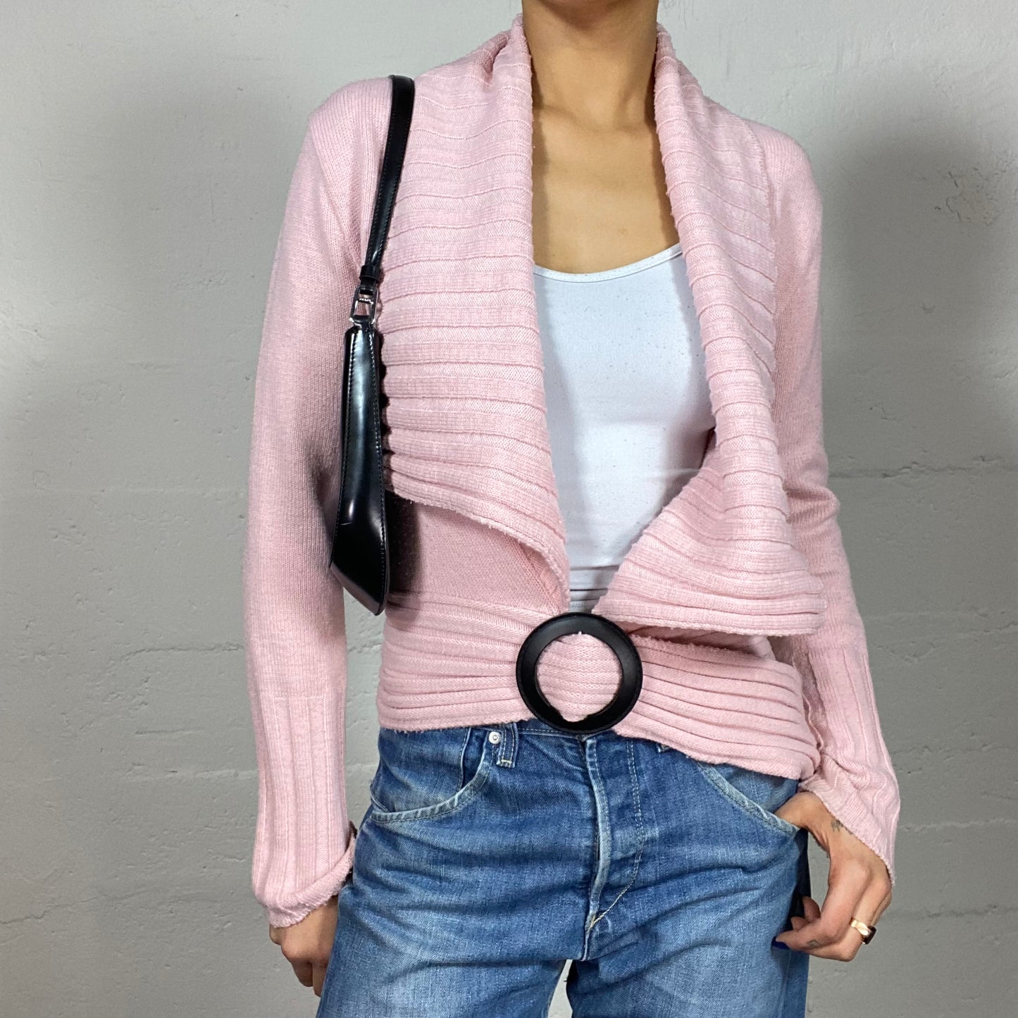 Vintage 2000's Ballet Baby Pink Knit Cardigan with Belted Round Buckle Detail (M)