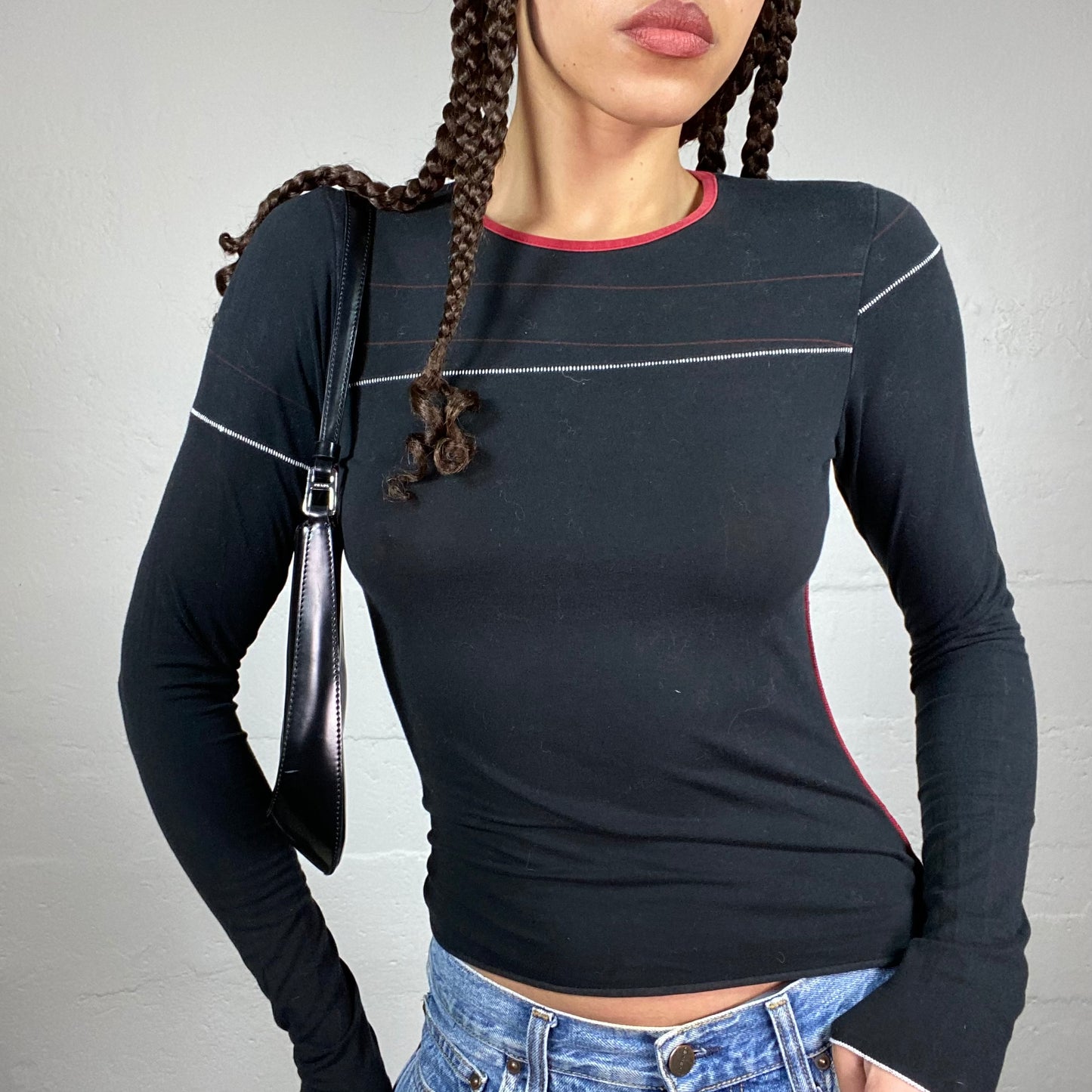 Vintage 2000's Cop Copine Downtown Girl Black Longsleeve Top with Visible White & Red Seam Decorative Detail (S)