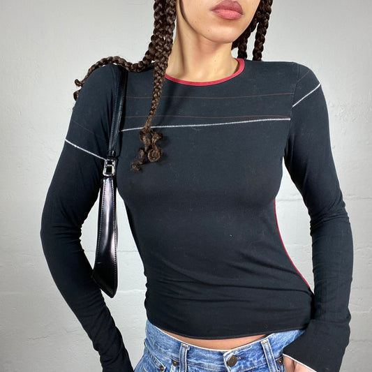 Vintage 2000's Cop Copine Downtown Girl Black Longsleeve Top with Visible White & Red Seam Decorative Detail (S)