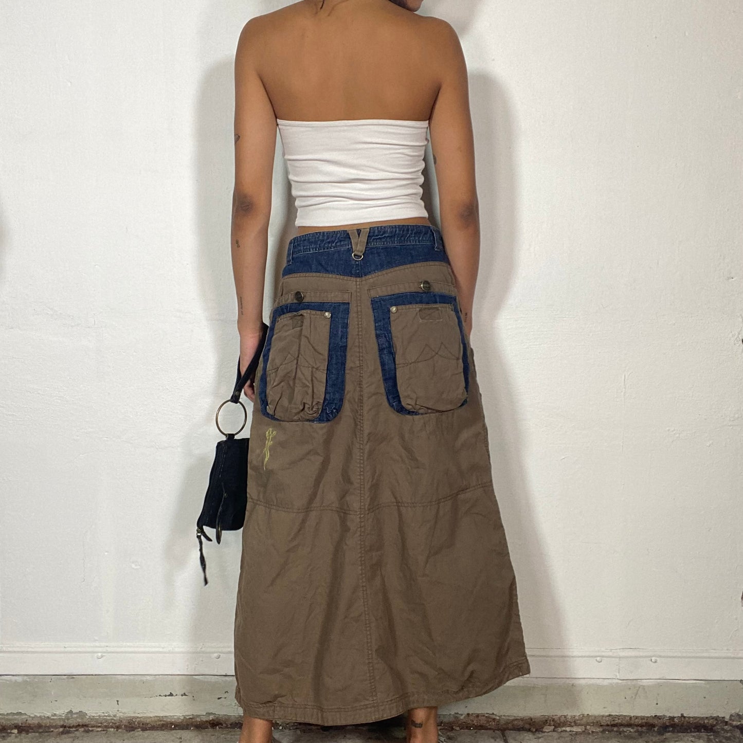 Vintage 2000's Techwear Khaki and Denim Maxi Cargo Skirt with Pockets and Yellow Salamander Detail (S/M)