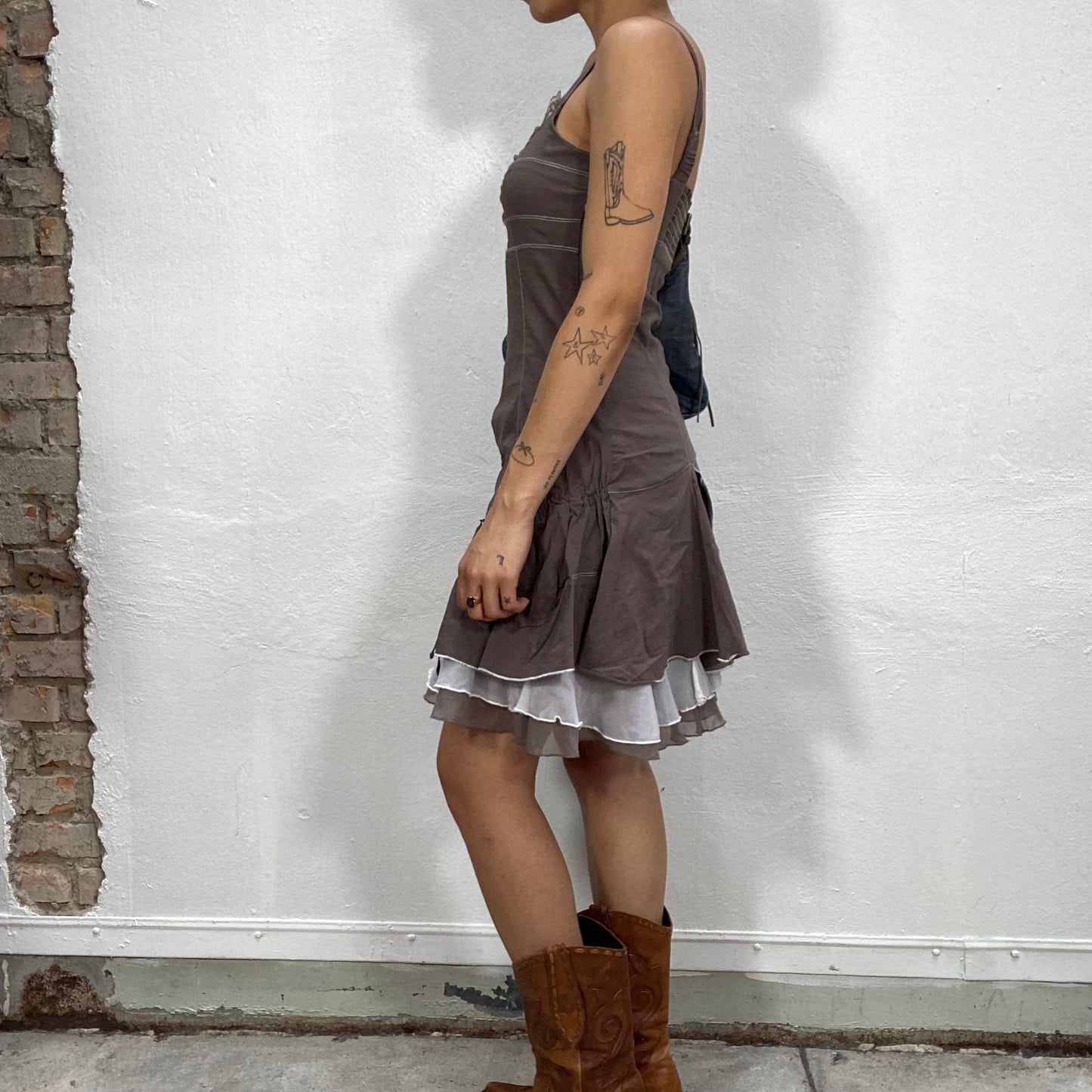 Vintage 2000's Grunge Brown Mini Dress with Contras Stitching and Mesh Under Layers (S)