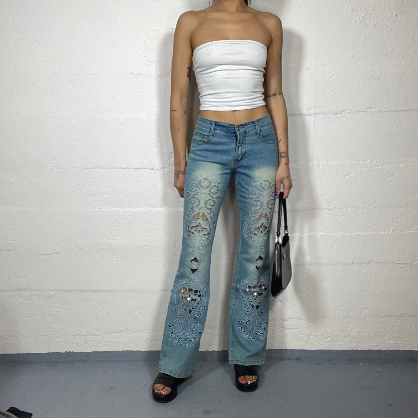 Vintage 2000's Downtown Girl Light Denim Pants with Ethnic Leg Cut Out Detail (S)