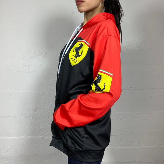 Vintage 2000's Ferrari Sporty Black and White Oversized Racers Jacket with White Brand Patches Detail (XL)