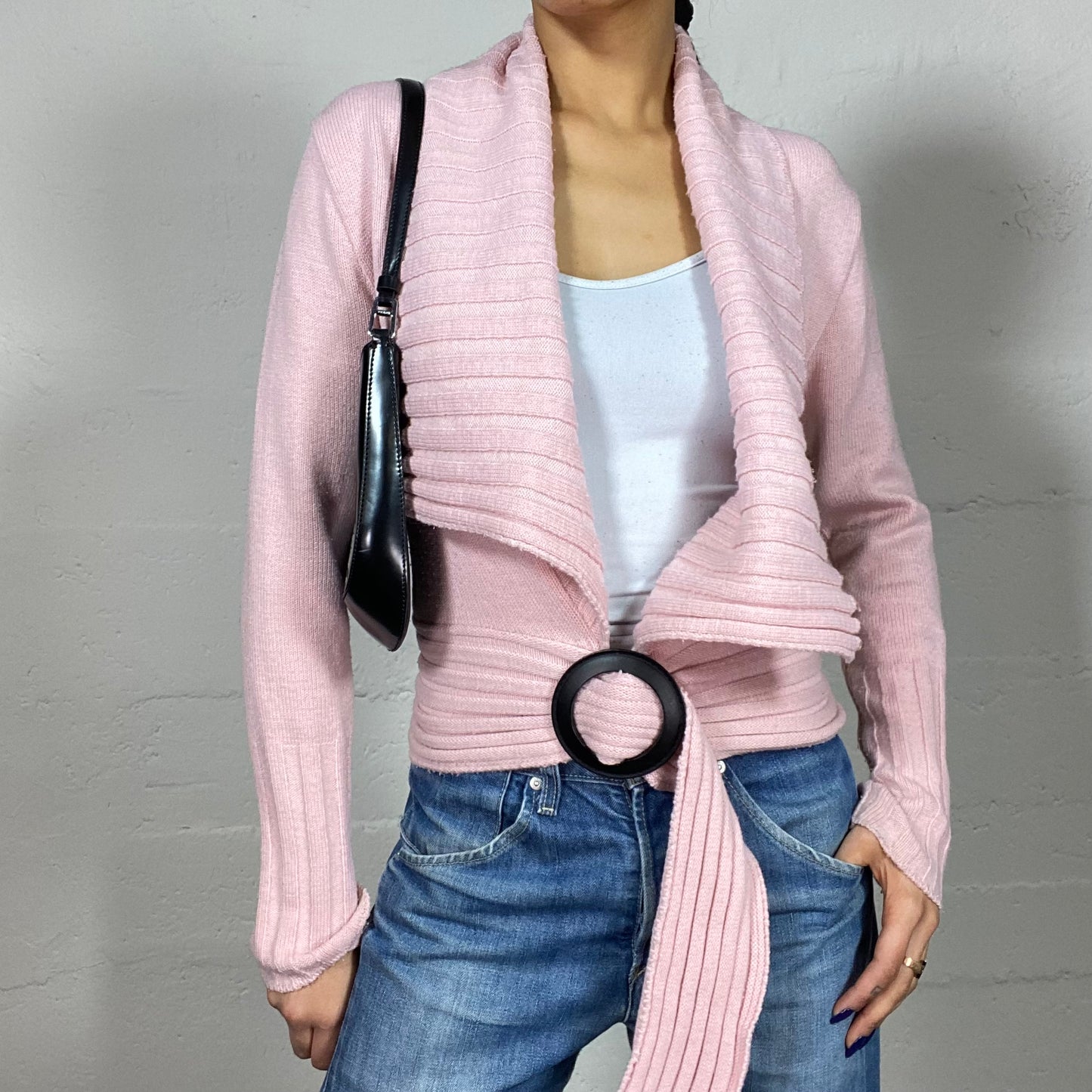 Vintage 2000's Ballet Baby Pink Knit Cardigan with Belted Round Buckle Detail (M)