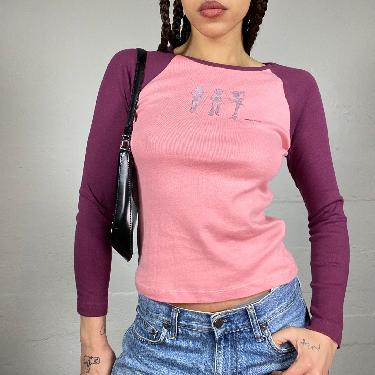 Vintage 2000's Funky Girl Pink Top with Fuchsia Lonngsleeve and Cartoon Girls Silhouette Print (S)