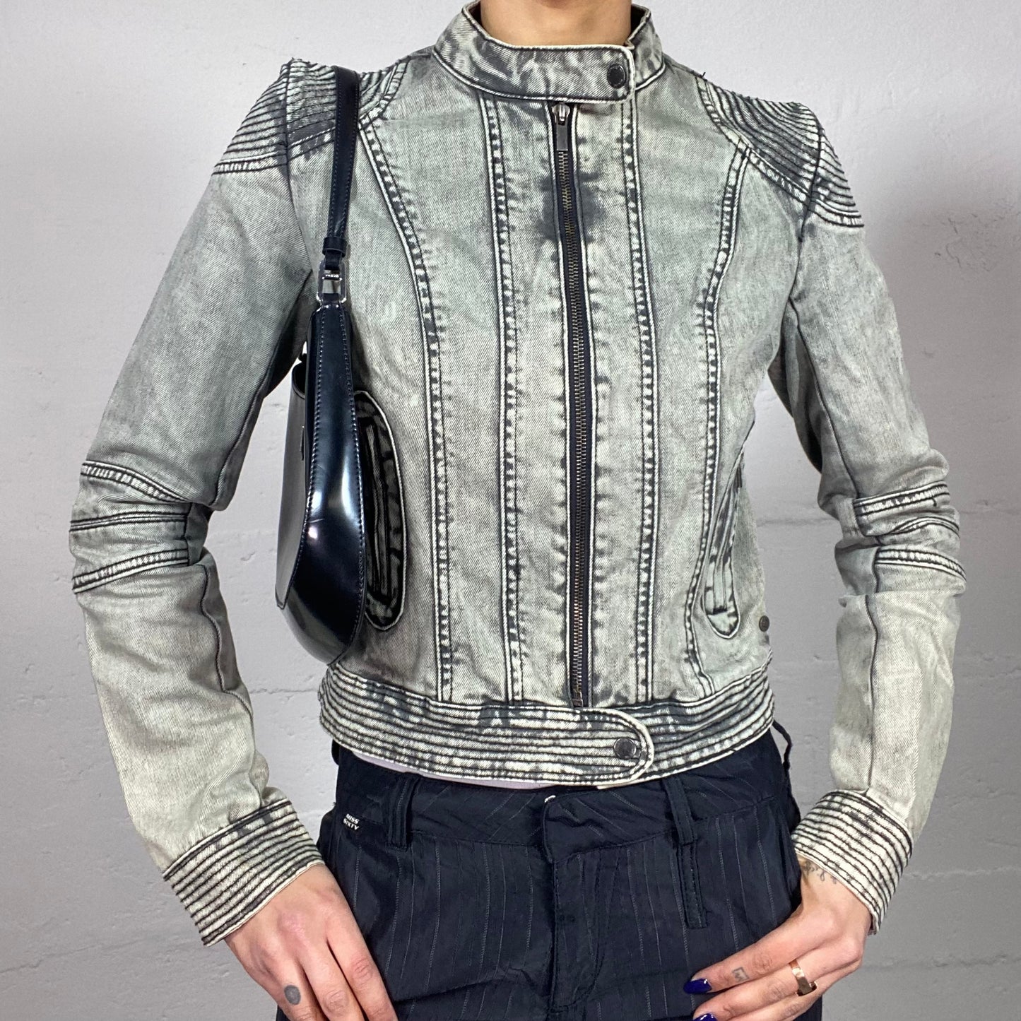 Vintage 2000's Archive Washed Grey Denim Short Biker Jacket (S)