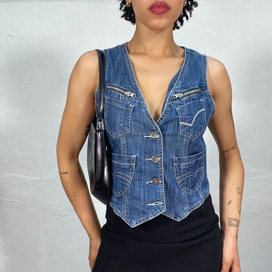 Vintage 2000's Grunge Denim Vest with Zipper Detail (S)