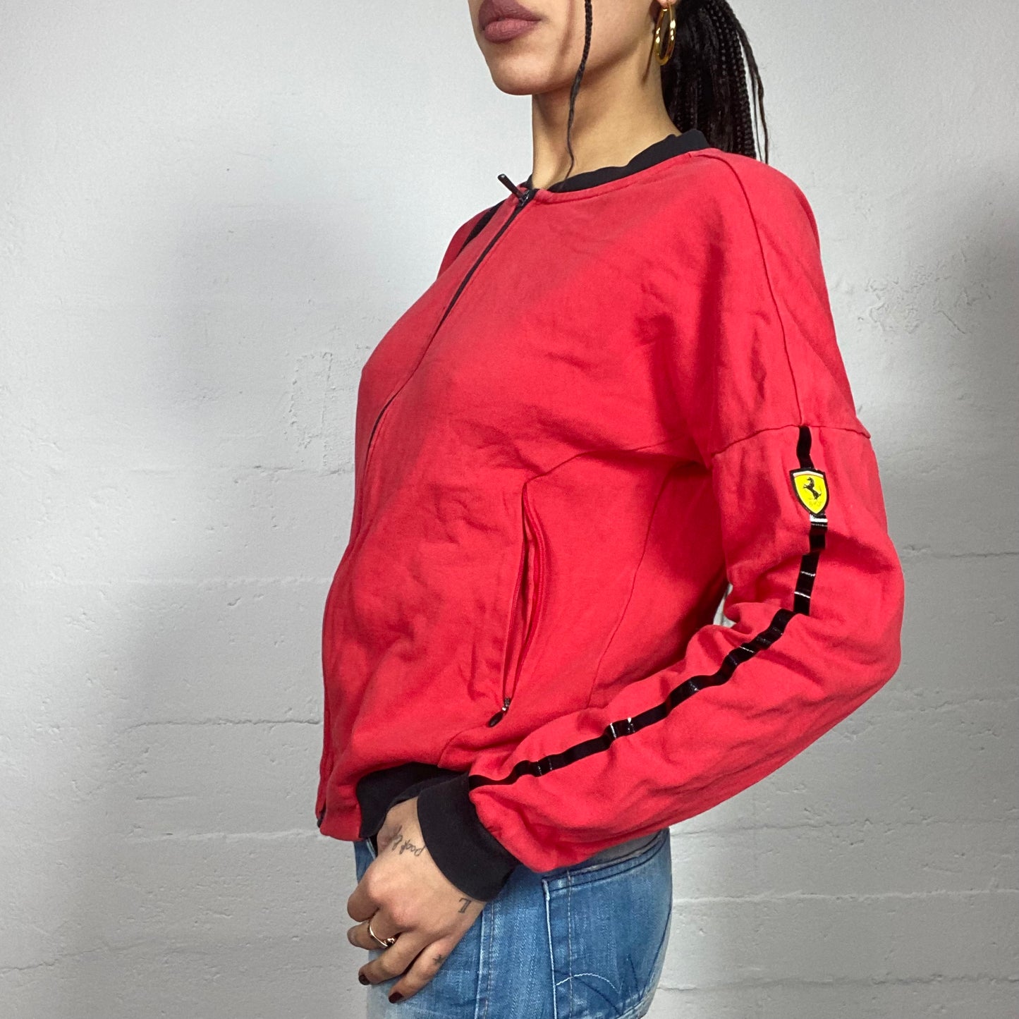 Vintage 2000's Ferrari Sporty Red Zip Up Sweater with Black Trim Detail (M)