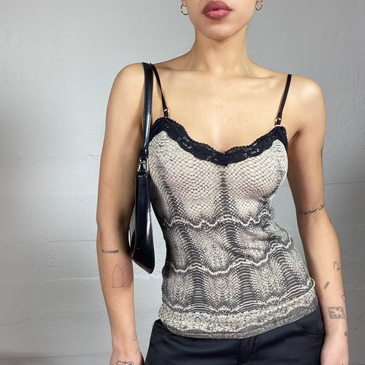 Vintage 2000's Mob Wife Brown Serpent Print Cami Top with Black Lace Trim Detail (S)