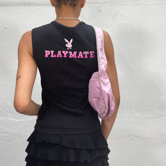 Vintage 90's Playboy Archive Black Tank Top with Pink "Playmate" and Logo Print (S/M)