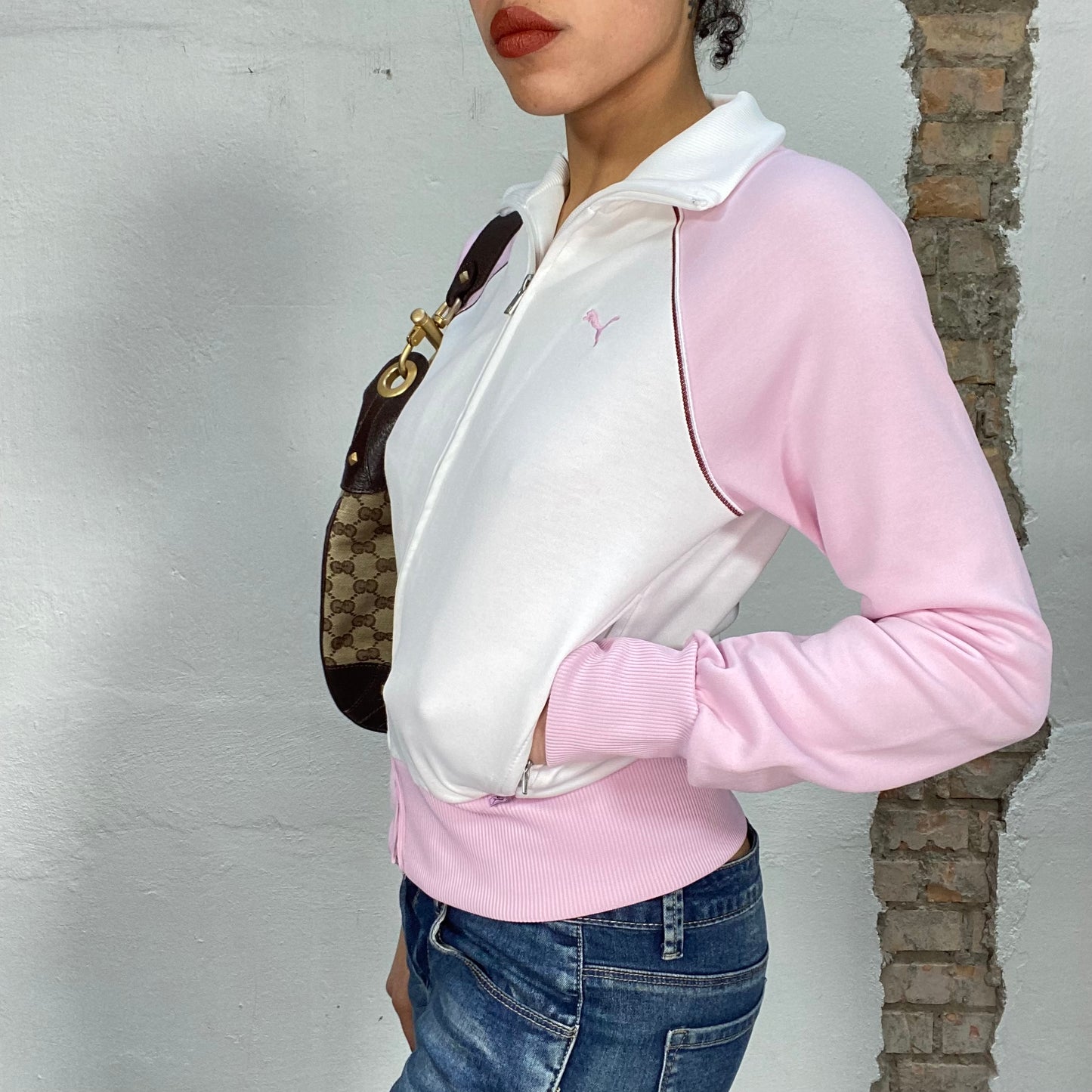 Vintage 2000's Puma White and Pink Zip Up Sweater (S)