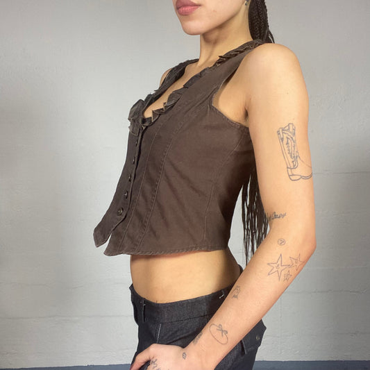 Vintage 90's Fairy Brown Vest Button Up Top with Frilled Collar Detail (S)