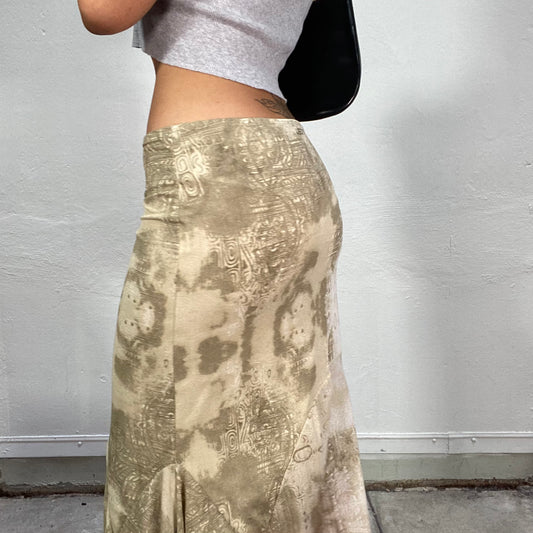 Vintage 90's Indie Beige Midi Asymmetric Skirt with Tie Dye Print (S/M)