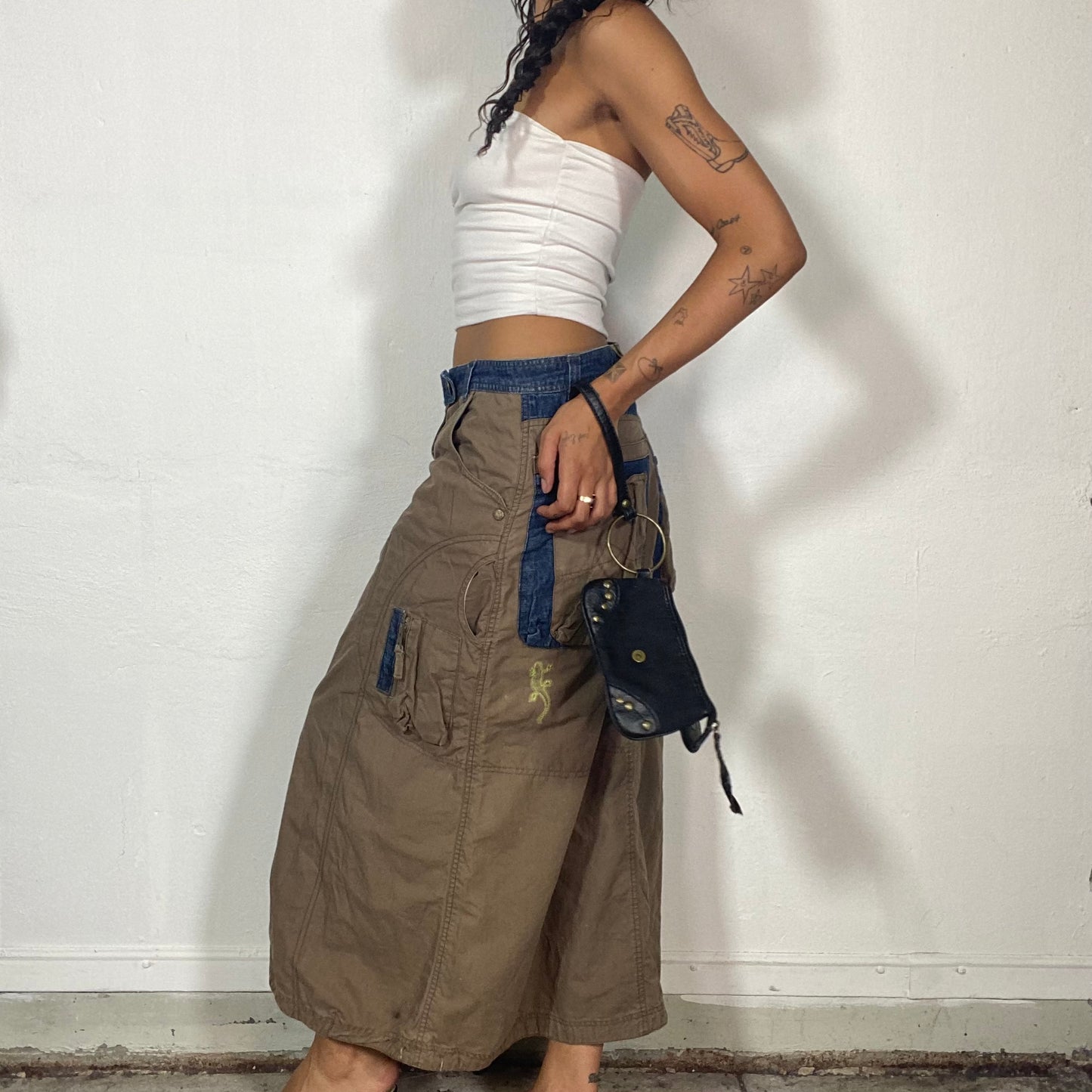 Vintage 2000's Techwear Khaki and Denim Maxi Cargo Skirt with Pockets and Yellow Salamander Detail (S/M)