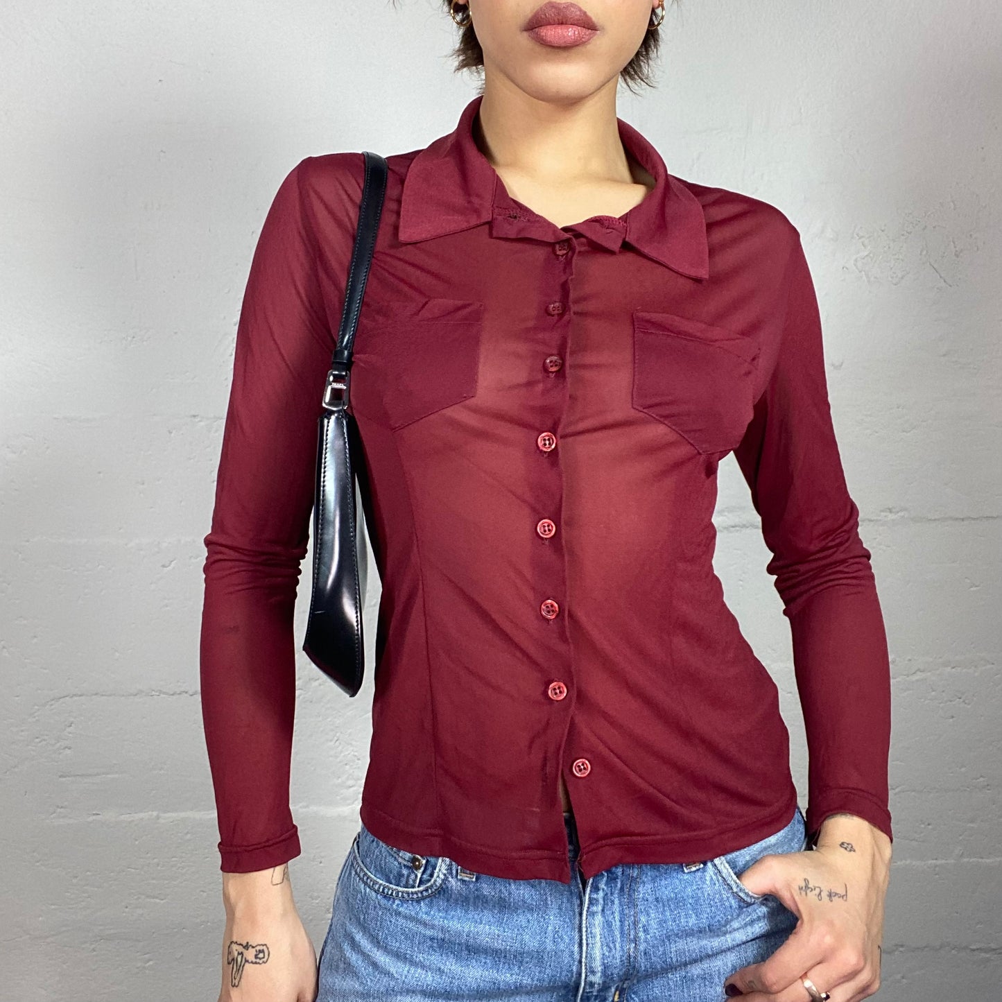 Vintage 90's Morgan Downtown Girl Mesh Bordeaux Longsleeve Shirt (S)