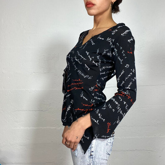 Vintage 2000's Punk Black Longsleeve Top with White and Red Typography Print (S/M)