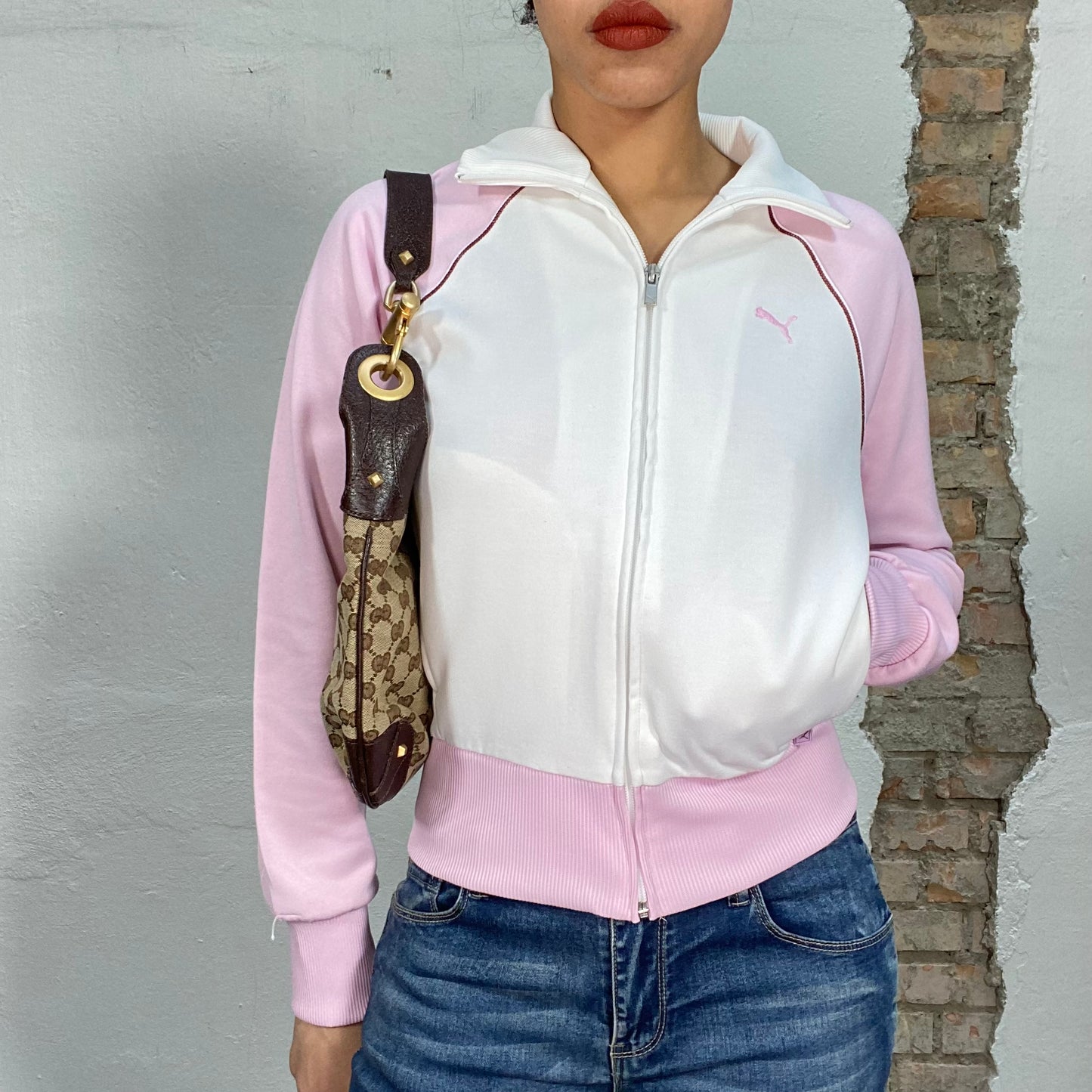 Vintage 2000's Puma White and Pink Zip Up Sweater (S)