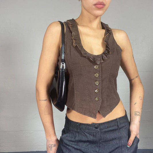 Vintage 90's Fairy Brown Vest Button Up Top with Frilled Collar Detail (S)