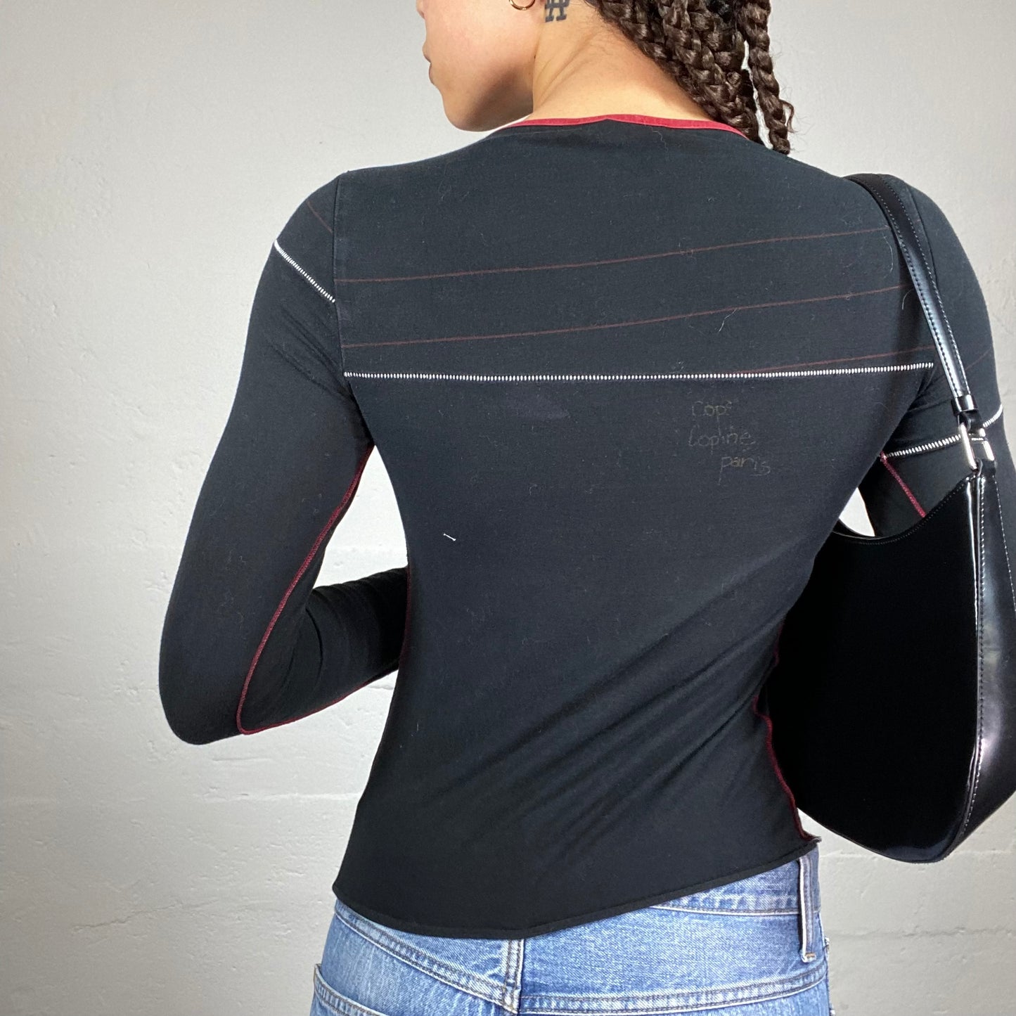 Vintage 2000's Cop Copine Downtown Girl Black Longsleeve Top with Visible White & Red Seam Decorative Detail (S)