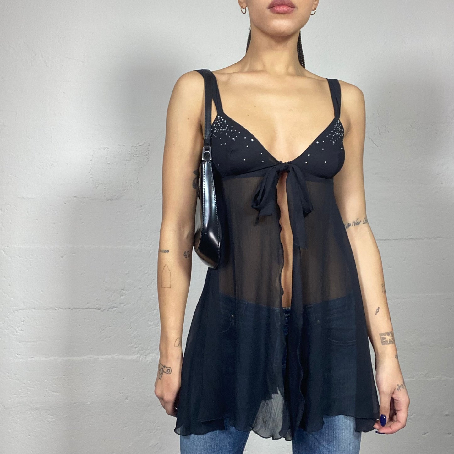 Vintage 2000's Clubwear Black Mesh Top with Big Slit Frontal Detail (S)