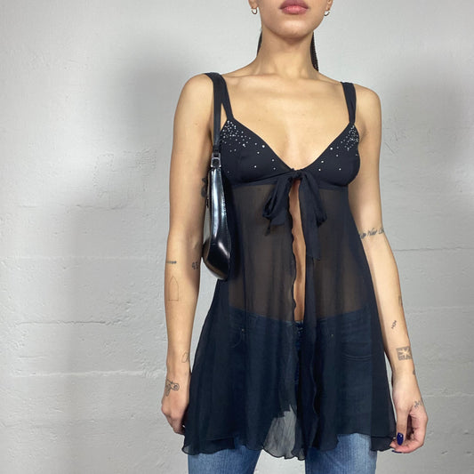 Vintage 2000's Clubwear Black Mesh Top with Big Slit Frontal Detail (S)