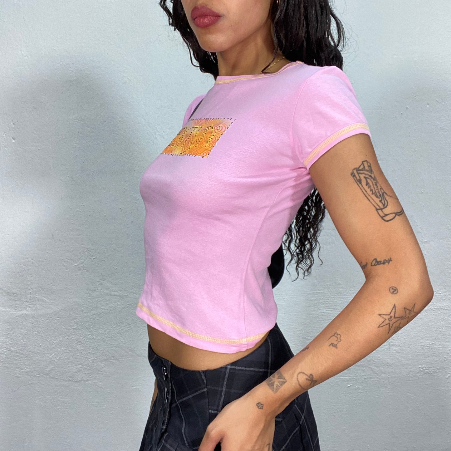 Vintage 2000's Extyn Archive Pink Top with Orange Logo Print Detail (S)