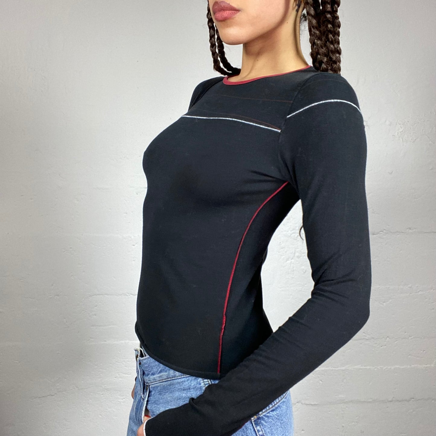 Vintage 2000's Cop Copine Downtown Girl Black Longsleeve Top with Visible White & Red Seam Decorative Detail (S)