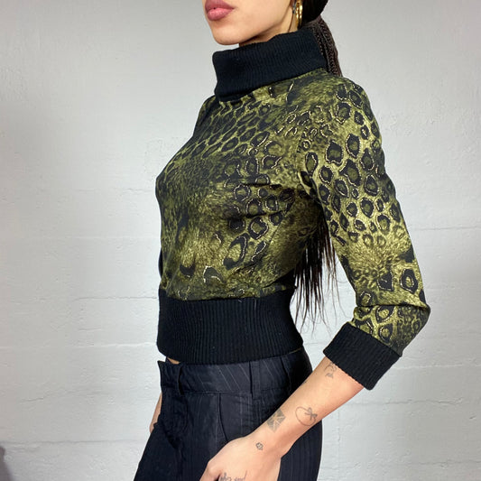 Vintage 90's The Nanny Black Turtleneck Jumper with Yellow Leo Print (S/M)