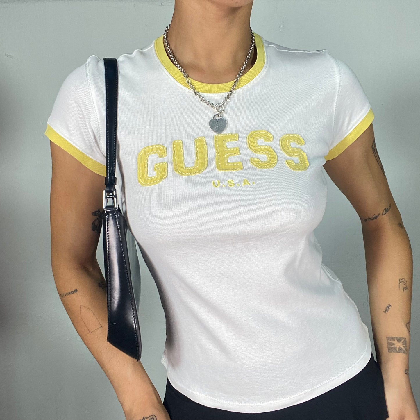 Vintage 2000's Archive Guess White Baby Tee with Yellow Trim and Logo Print (S)